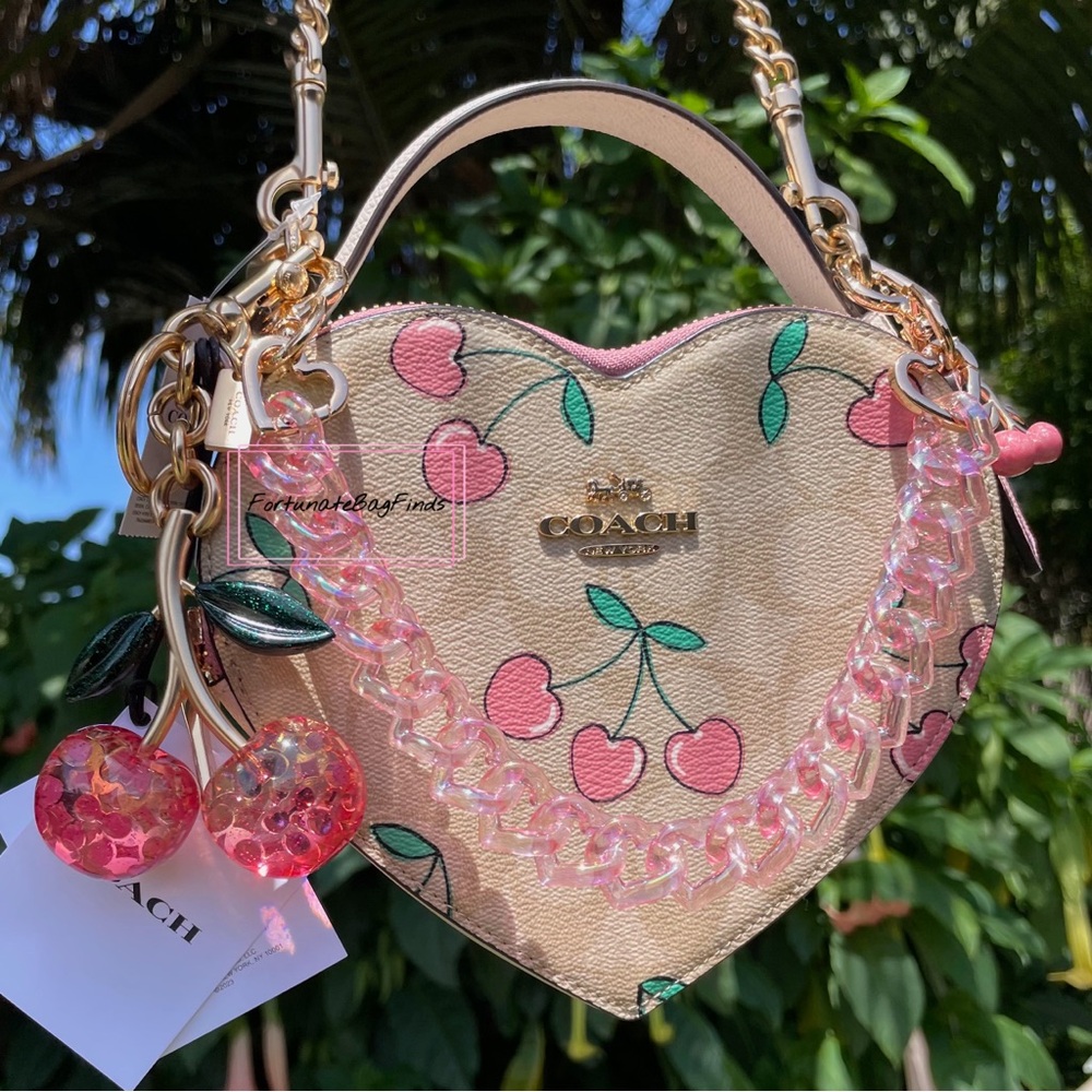 Coach Heart Crossbody Bag with Heart Cherry Print CE653 Cherry Bag Charm BUNDLE